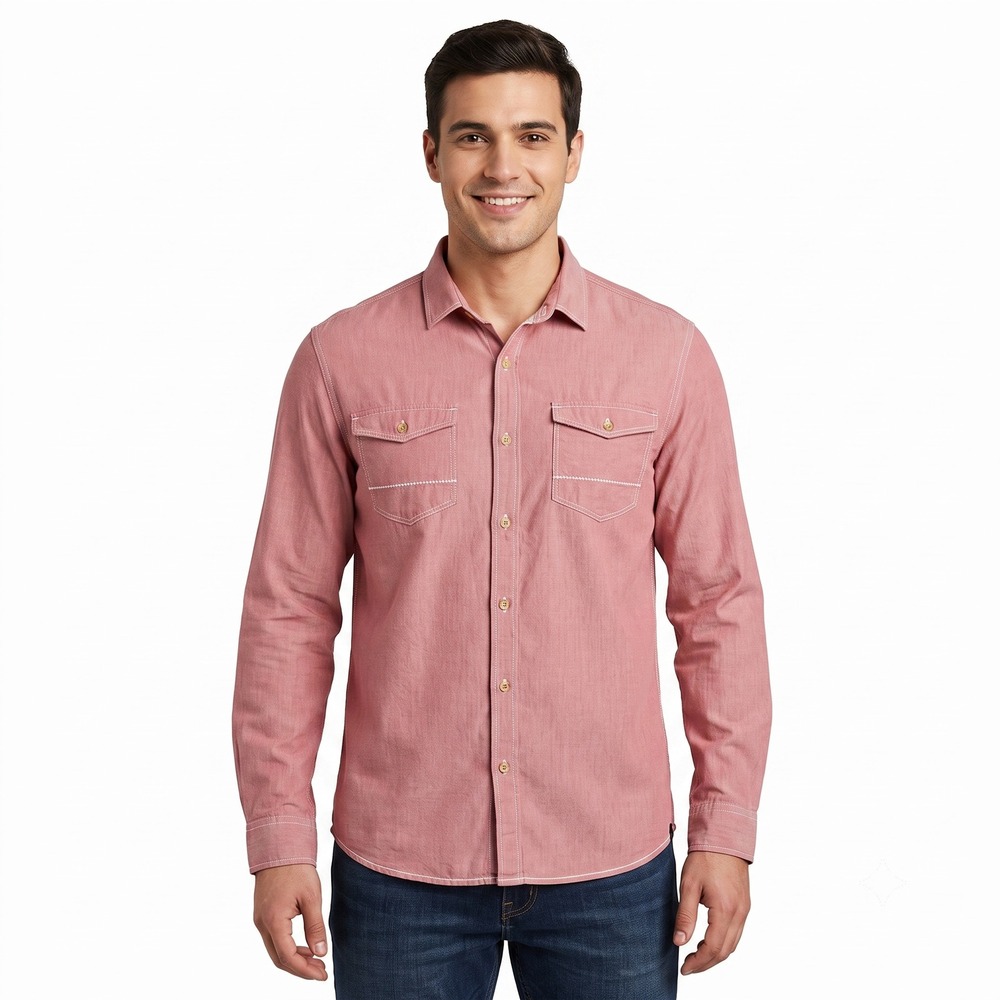 People Mens Slim Fit Long Sleeve‎ Button Up Shirt Salmon Pink Cotton L